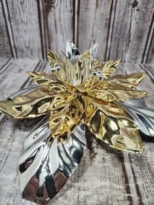 Dept 56 Christmas Poinsettia Taper Gold Silver Shiny Metal Holiday Candle Holder